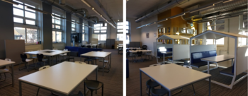 Modern irodai vagy tanulási környezet nagy ablakokkal Modern, tágas irodai vagy tanulási környezet, nagy ablakokkal, asztalokkal és különálló ülőhelyekkel.