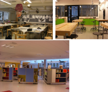 Iskolai tantermek: művészeti osztály, műhely és könyvtár Három különböző iskolai tanterem: művészeti osztály, műhely és könyvtár, asztalokkal és könyvespolcokkal.