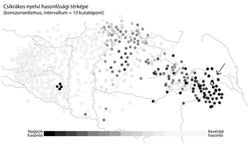 Csíkrákos nyelvi hasonlósági térképe Csíkrákos nyelvi hasonlósági térképe, konzonantizmus, intervallum = 10 kutatópont, szürkeárnyalatos pontokkal jelölve.