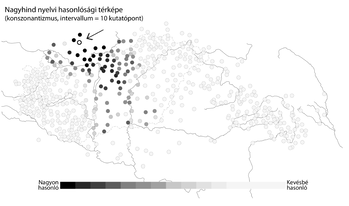 Nagyhind nyelvi hasonlósági térképe, konzonantizmus, 10 kutatópont, színskála jelmagyarázattal