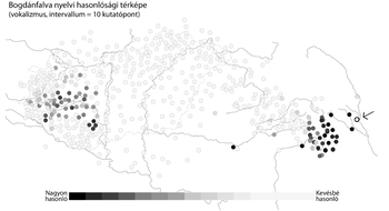 Bogdánfalva nyelvi hasonlósági térképe, vokalizmus alapján, 10 kutatópont intervallummal.