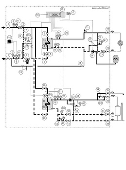 Blokk hőközpont hidraulikai kapcsolási rajza csövekkel, szelepekkel, szivattyúkkal és hőcserélőkkel.