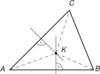 Háromszög szögfelezői találkozása a K pontban, A, B, C csúcsokkal jelölve.