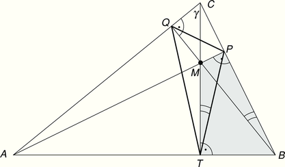 Geometriai ábra különböző háromszögekkel és szögekkel, jelölésekkel ellátva.