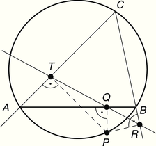 Geometriai ábra körrel, háromszögekkel és szögekkel, pontok A, B, C, T, Q, P, R jelöléssel.
