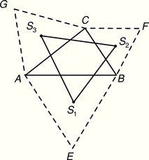 Geometriai ábra, amely háromszögeket és vonalakat tartalmaz, különböző pontokkal jelölve.