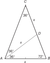 Háromszög szögekkel és oldaljelölésekkel Háromszög, amelynek szögei 36°, 36°, 72° és oldalai x jelöléssel vannak ellátva.