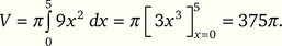 Integrálási feladat megoldása térfogat kiszámítására Matematikai integrálási feladat megoldása, térfogat kiszámítása 9x² integrálásával, eredmény 375π.