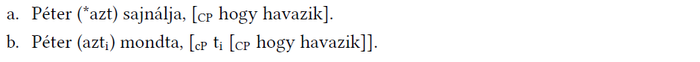 Két mondat szerkezeti elemzése, ahol Péter és 'azt' szó különböző helyeken szerepel.