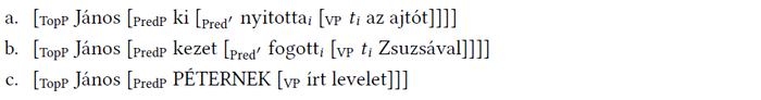 Három mondat szerkezeti elemzése látható, különböző nyelvtani struktúrákkal.