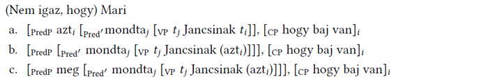 Nyelvészeti elemzés, amely a mondatok szerkezetét vizsgálja, PredP, VP, CP jelölésekkel.