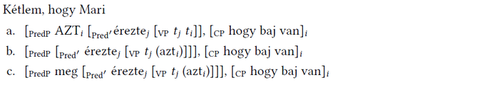 Nyelvi szerkezet elemzés a mondat 'Kétlem, hogy Mari' különböző szerkezeti formáival.