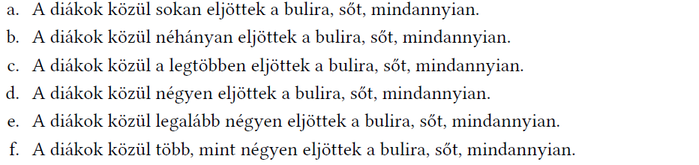 Állítások a diákok bulira való részvételéről Különböző állítások arról, hogy hány diák ment el a bulira, mindannyian eljöttek.