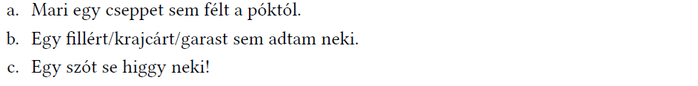 Három mondat látható: Mari nem félt a póktól, nem adtam pénzt, ne higgy neki.