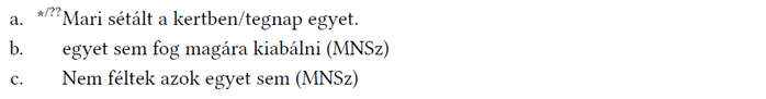 Három nyelvtani példa mondatokkal: Mari sétált a kertben, egyet sem fog magára kiabálni, Nem féltek azok egyet sem.
