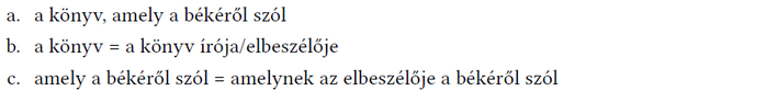 Mondat szerkezeti elemzése könyvvel és békével kapcsolatosan Három mondat szerkezeti elemzése: könyv, békéről szól, író/elbeszélő.