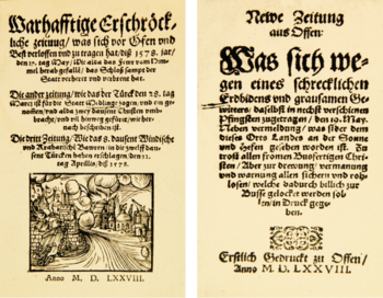 Két 16. századi német újságoldal, természeti jelenségről és katonai eseményről szóló szövegekkel és illusztrációval.