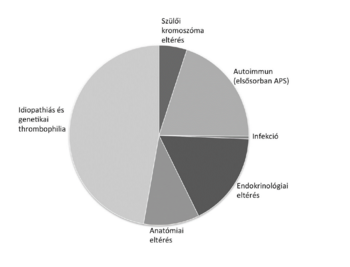 Kördiagram, amely különböző egészségügyi eltérések arányát mutatja, mint szülői kromoszóma eltérés, autoimmun, infekció, endokrinológiai, anatómiai eltérés és thrombophilia.