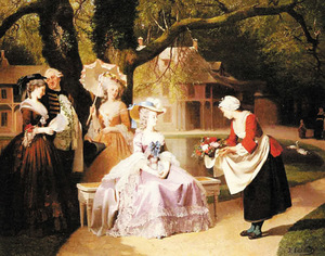 18. századi arisztokrata társaság pihen a kertben, szolgáló virágokat kínál nekik.