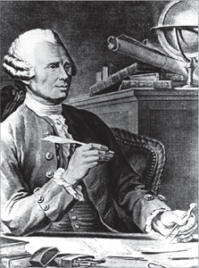 18. századi tudós íróasztalnál ül, tollat tartva, könyvek, földgömb és távcső az asztalon.