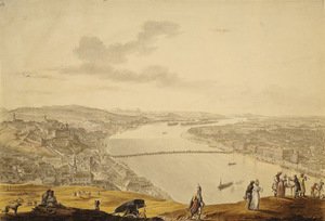 19. századi város látképe a Duna folyó mentén, épületekkel és hegyekkel a háttérben, emberek az előtérben.