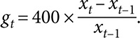 Matematikai képlet a növekedési ráta kiszámítására Matematikai képlet: g_t = 400 × (x_t - x_t-1) / x_t-1, a növekedési ráta kiszámítására.