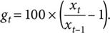 Matematikai képlet: g_t = 100 × (x_t / x_t-1 - 1), a növekedési ráta kiszámítására.