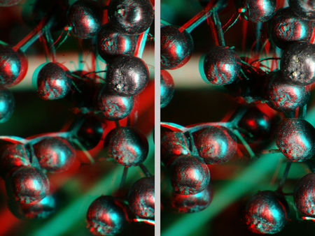 3D hatású kép bogyós gyümölcsökkel, piros-kék anaglyph stílusban.