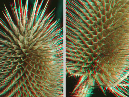 3D hatású sztereoszkópikus kép egy tüskés növényről, szúrós szerkezettel