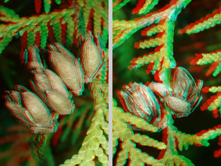 3D hatású anaglif fotó fenyőtobozokkal és fenyőágakkal, piros-kék színekben.