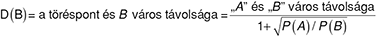 Matematikai képlet, amely a töréspont és B város távolságát számítja ki A és B város távolsága alapján.