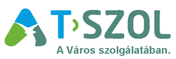 T-SZOL logó, kék és zöld grafikai elemmel, 'A Város szolgálatában' szlogennel