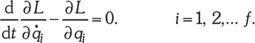 Lagrange-egyenletek általános formája A Lagrange-egyenletek általános formája, d/dt (∂L/∂q̇ᵢ) - ∂L/∂qᵢ = 0, i = 1, 2, ... f.