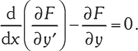 Euler-Lagrange egyenlet matematikai formula Matematikai egyenlet: d/dx(∂F/∂y') - ∂F/∂y = 0, Euler-Lagrange egyenlet.
