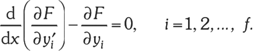 Euler-Lagrange egyenlet matematikai formula Matematikai egyenlet a variációszámításból: d/dx(∂F/∂y'i) - ∂F/∂yi = 0, i = 1, 2, ..., f.