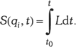 Matematikai integrál kifejezés Matematikai kifejezés: S(q_i, t) = integrál L dt, t-től t_0-ig.