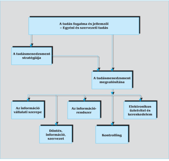Tudásmenedzsment folyamatábra Tudásmenedzsment folyamatábra, amely bemutatja a tudás fogalmát, stratégiáját és megvalósítását, valamint az információ vállalati szerepét, az információrendszert, az elektronikus üzletvitelt és kereskedelmet, a döntést, információt, szervezetet, és a kontrollingot.