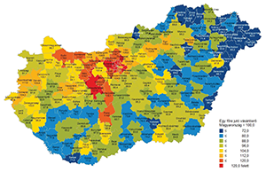 Magyarország egy főre jutó vásárlóereje járások szerint Térkép Magyarország egy főre jutó vásárlóerejéről járások szerint, színkódokkal jelölve.
