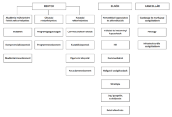 Egyetemi szervezeti struktúra a rektor, elnök és kancellár alatt Egyetemi szervezeti struktúra, amely a rektor, elnök és kancellár alá tartozó osztályokat és felelősségi köröket mutatja be.