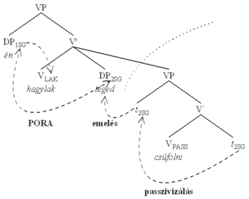 Magyar mondat szerkezeti diagram passzivizálással és emeléssel Nyelvtani fa diagram a magyar mondat szerkezetéről, passzivizálás és emelés folyamatával.