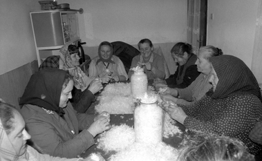 Idős asszonyok ülnek egy asztal körül, tollat fosztanak, hagyományos közösségi tevékenység.