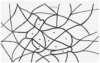 Absztrakt rajz geometriai mintával, szimmetrikus arcokat ábrázol vonalak és pontok segítségével.