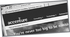 Accenture weboldal részlete a cég logójával és szlogenjével Accenture weboldal részlete, amely a cég logóját és szlogenjét mutatja: High performance. Delivered.