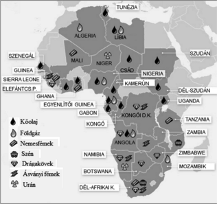 Afrika térképe, amely az országok természeti erőforrásait mutatja, mint kőolaj, földgáz, nemesfémek, szén, drágakövek, ásványi fémek és urán.