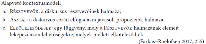 Alapvető kontextusmodell a diskurzus résztvevőivel Alapvető kontextusmodell, amely a diskurzus résztvevőinek, javasolt propozícióknak és elköteleződéseknek a halmazát mutatja be.
