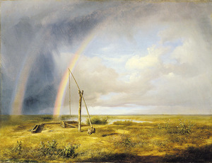 Alföldi táj, középen gémeskút, háttérben kettős szivárvány az égbolton.