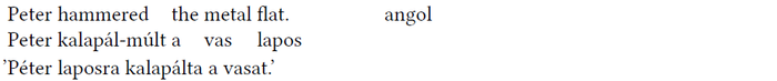 Angol mondat és magyar fordítása Angol mondat: 'Peter hammered the metal flat.' és magyar fordítása: 'Péter laposra kalapálta a vasat.'
