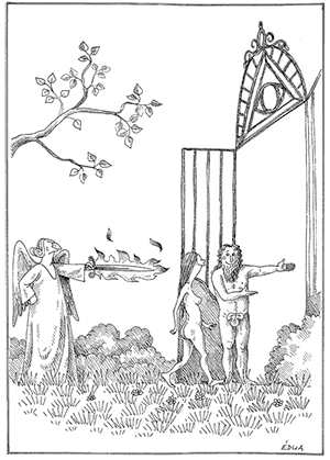 Angyal kiűzi Ádámot és Évát az Édenkertből Egy angyal lángoló karddal kiűzi Ádámot és Évát az Édenkertből, a háttérben egy fa és kapu látható.