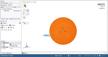 ANSYS R17.2 Academic gömb átmérő módosítása ANSYS R17.2 Academic szoftver felülete, ahol egy gömb átmérőjét módosítják.