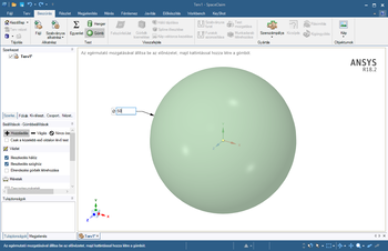 ANSYS SpaceClaim gömb modellezés felület ANSYS SpaceClaim szoftver felülete, ahol egy 50 egység átmérőjű gömb modelljét készítik el.
